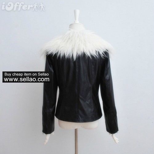 women leather grass fur collar leather motorcyclejacket 6717