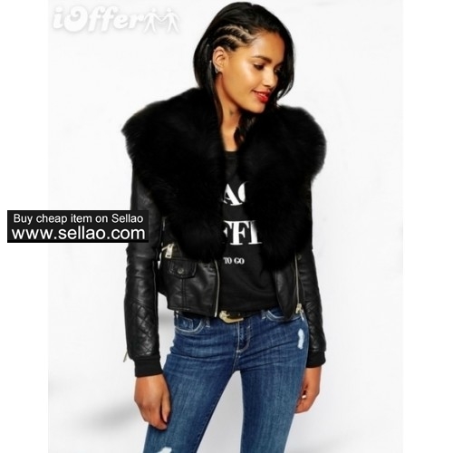 women leather grass fur collar leather motorcyclejacket b5f6