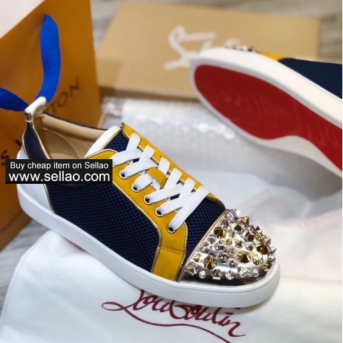 2019 new real leather man and woman Junior mixed spiked casual red bottom flat sneakers