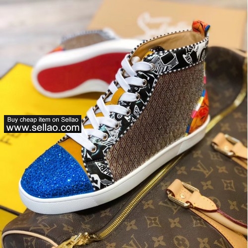 2019 new real leather men and women mixed color python casual red bottom flat sneakers
