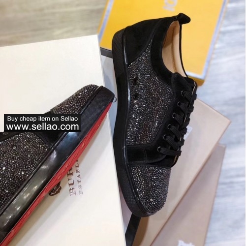 2019 new men and women black leather crystal Junior casual red bottom flat sneakers shoes