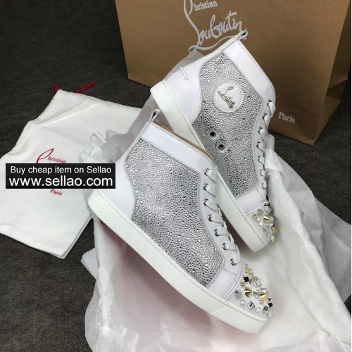 2019 new couple shoes white crystal and spiked high cut casual red bottom flat sneakers shoes