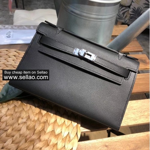 Hermes kelly black leather Caviar silver hardware woman Clutch handbag Evening bag