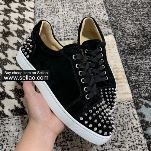 Unisex black suede leather silver spiked louboutin Junior low help casual flat sneakers shoes