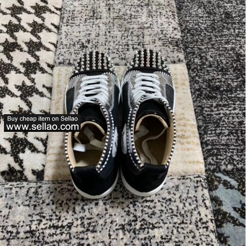 Unisex black leather toe spiked louboutin high help casual flat sneakers shoes