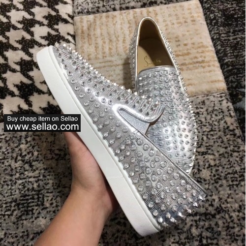 Unisex silver leather spiked louboutin low help casual flat boat shoes sneakers shoes