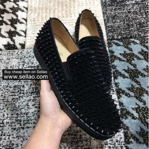 Unisex black suede leather spiked louboutin low help casual flat boat shoes sneakers shoes