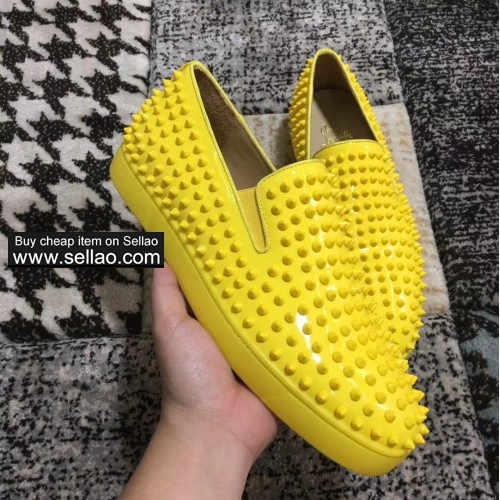 Unisex leather yellow calf spiked louboutin low help casual flat boat shoes sneakers shoes