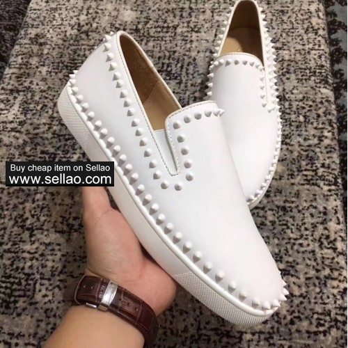 Unisex white leather Side nail spiked louboutin high-top casual flat boat shoes sneakers shoes