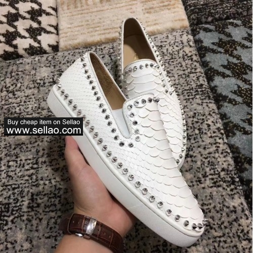 Unisex white leather python Side nail spiked louboutin high-top casual flat boat shoes sneakers shoe
