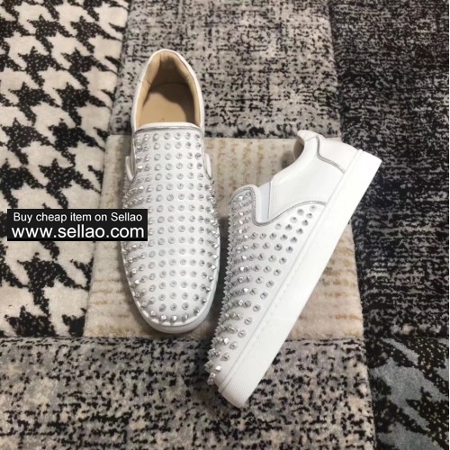 Unisex white leather silver screw spiked louboutin high-top casual flat boat shoes sneakers shoes