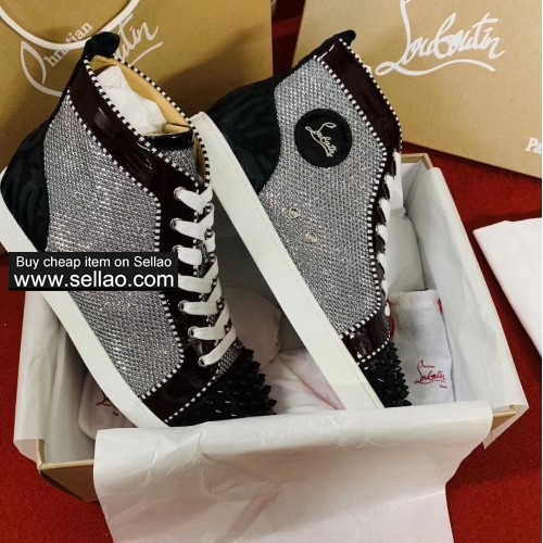 Unisex grey brushed real leather spiked louboutin high-top casual flat sneakers shoes