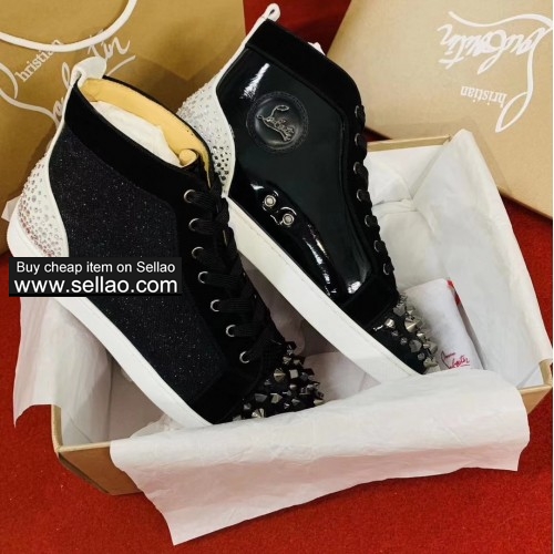 Unisex mixed crystal real leather spiked louboutin high-top casual flat sneakers shoes