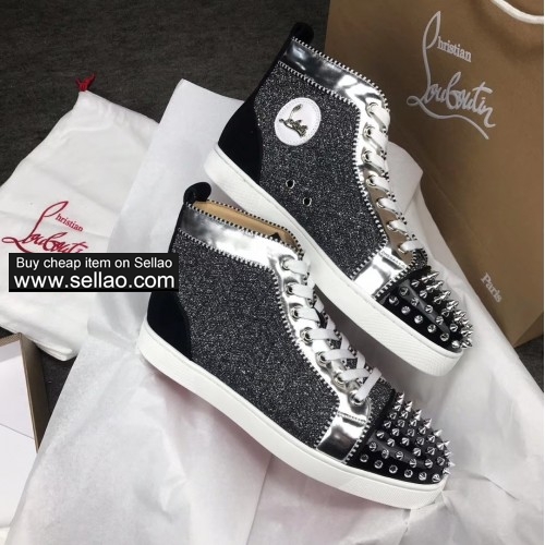 Unisex Shining toe spiked louboutin real leather high-top spiked casual flat sneakers shoes