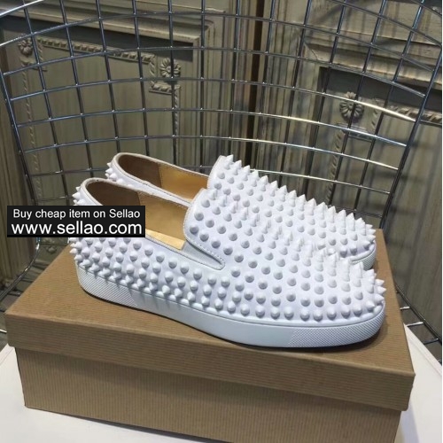 Unisex white calf leather spiked louboutin low to help boat shoes casual flat sneakers shoes