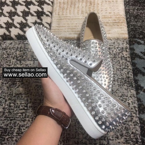 Unisex leather silver spiked louboutin low help boat shoes casual flat sneakers shoes