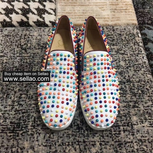 Unisex white leather Rainbow color spiked louboutin low-top boat shoes casual flat sneakers shoes