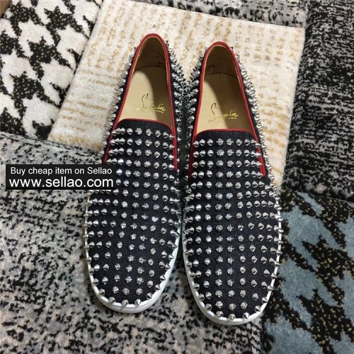Unisex Blue cowboy silver spiked louboutin low help boat shoes casual flat sneakers shoes