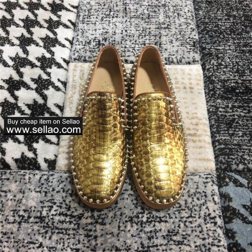 Unisex gold leather python Side nail spiked louboutin low help boat shoes casual flat sneakers shoes