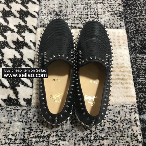 Unisex black leather python Side nail spiked louboutin low help boat shoes casual flat sneakers shoe