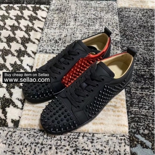 Unisex black and red leather spiked Junior louboutin low help casual flat sneakers shoes
