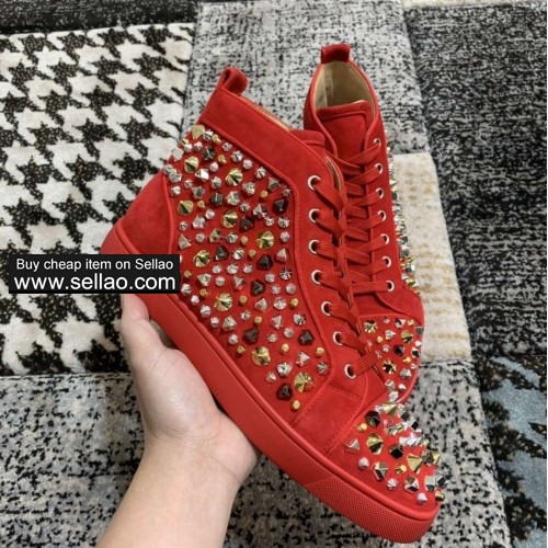 Unisex leather red suede louboutin high help mixed nails casual flat sneakers shoes