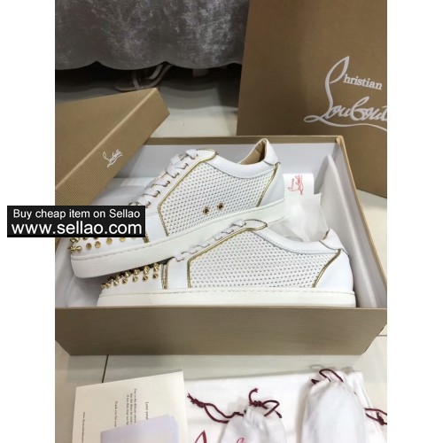 Unisex white leather gold spiked Lace Junior louboutin low help casual flat sneakers shoes