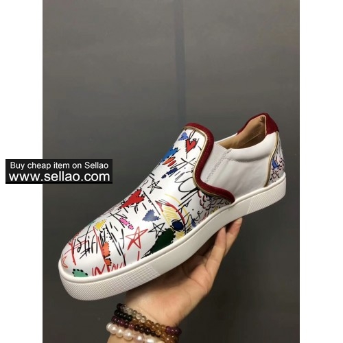 Unisex calf leather graffiti spiked louboutin low help boat shoes casual flat sneakers shoes