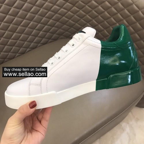 Unisex white/green leather patch Lace Dolce & Gabbana high men flat sports shoes casual shoes sneake
