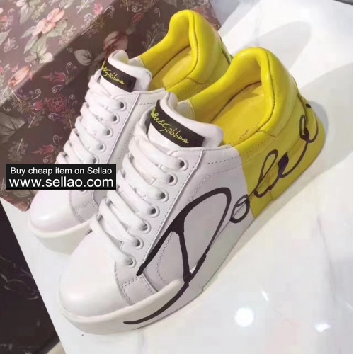 Unisex white/yellow leather graffiti Dolce & Gabbana high men flat sports shoes casual shoes sneaker