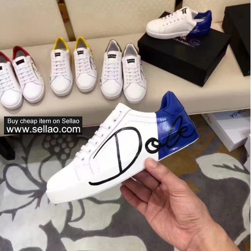 Unisex white/blue leather graffiti Dolce & Gabbana high men flat sports shoes casual shoes sneakers