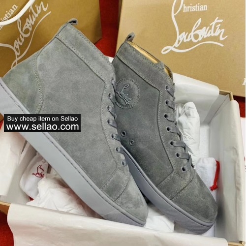 Unisex gray suede leather high men louboutin flat sports shoes casual shoes sneakers shoes