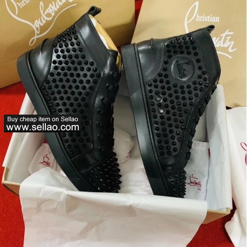 Unisex black sheepskin leather spiked high men louboutin flat sports shoes casual shoes sneakers