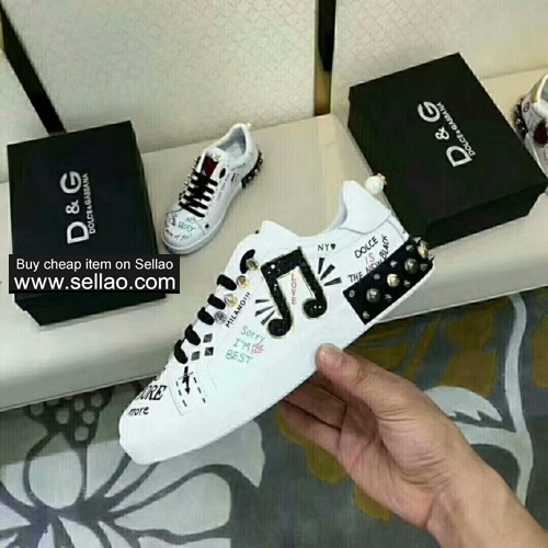2019 NEW White Leather Graffiti Royal Patch Dolce & Gabbana Woman flat sports shoes sneakers shoes