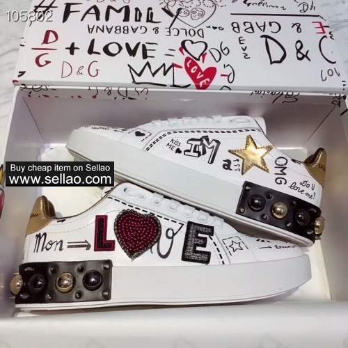 Unisex Leather Graffiti Patch LOVE spiked White Dolce & Gabbana Woman flat sports shoes sneakers