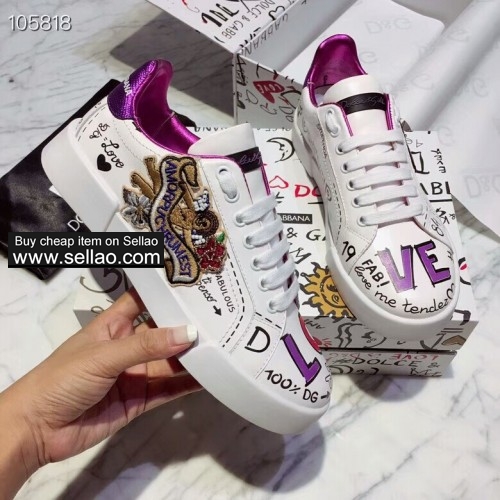 Unisex White Leather Graffiti Royal Patch Dolce & Gabbana Woman flat sports shoes sneakers shoes