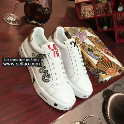 Unisex white leather letters Dolce & Gabbana women flat sports shoes sneakers shoes