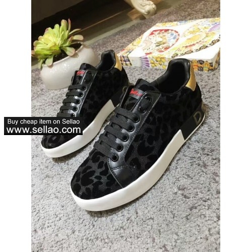 Unisex black leopard leather Dolce & Gabbana woman flat sports shoes sneakers shoes