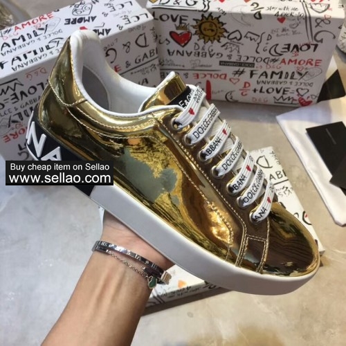 Unisex gold patent leather Dolce & Gabbana women flat sports shoes sneakers shoes