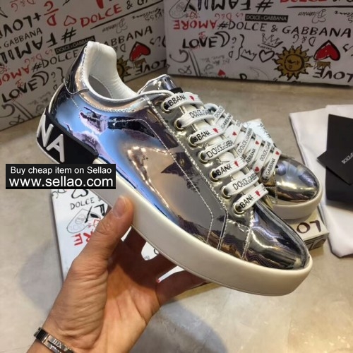 Unisex Silver patent leather Dolce & Gabbana women flat sports shoes sneakers shoes