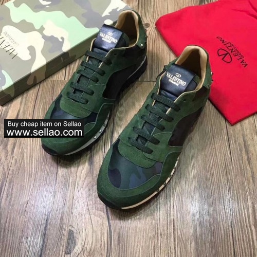 Unisex green suede leather camouflage spiked Valentino flat sports shoes sneakers