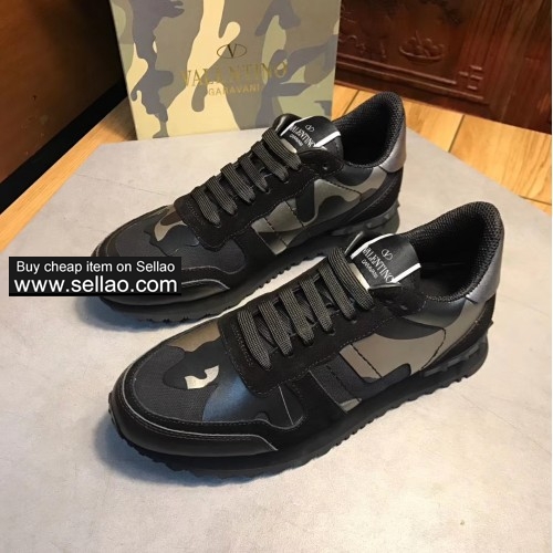 Unisex leather black camouflage spiked Valentino flat casual shoes sports shoes sneakers