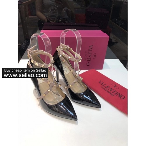 9.5cm patent leather sheepskin cross with spiked woman pointed Valentino high heels shoes