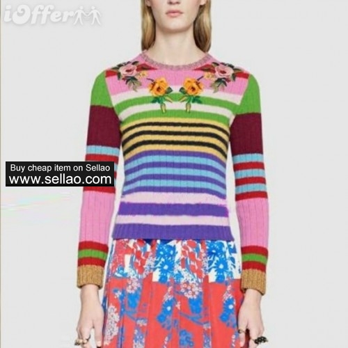 trendy womens multicolor stripe knit top flower sweater d98c