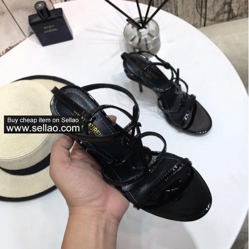 2019 YSL WOMENS LEATHER SANDALS BLACK SLIPPERS 10.5CM  SHOES