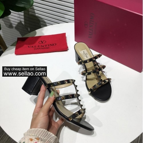6.5cm Mid-Heel 2019 Valentino leather sandals woemns slippers 35-40 shoes