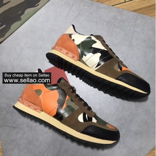 Unisex real leather Orange camouflage spiked Valentino flat casual shoes sports shoes sneakers