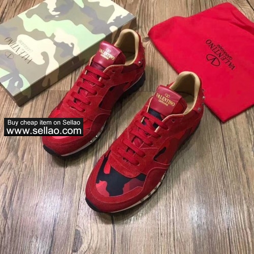 Unisex real leather Red suede camouflage spiked Valentino flat casual shoes sports shoes sneakers
