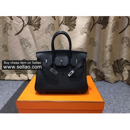 Free shipping Hermes birkin black caviar leather 25cm silver hardware handbag ladies bags