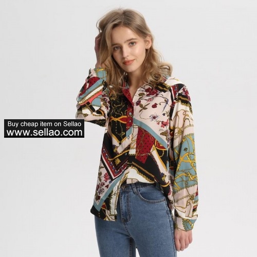 Women vintage Geometric pattern blouses long sleeve turn down collar pleated shirts chic tops